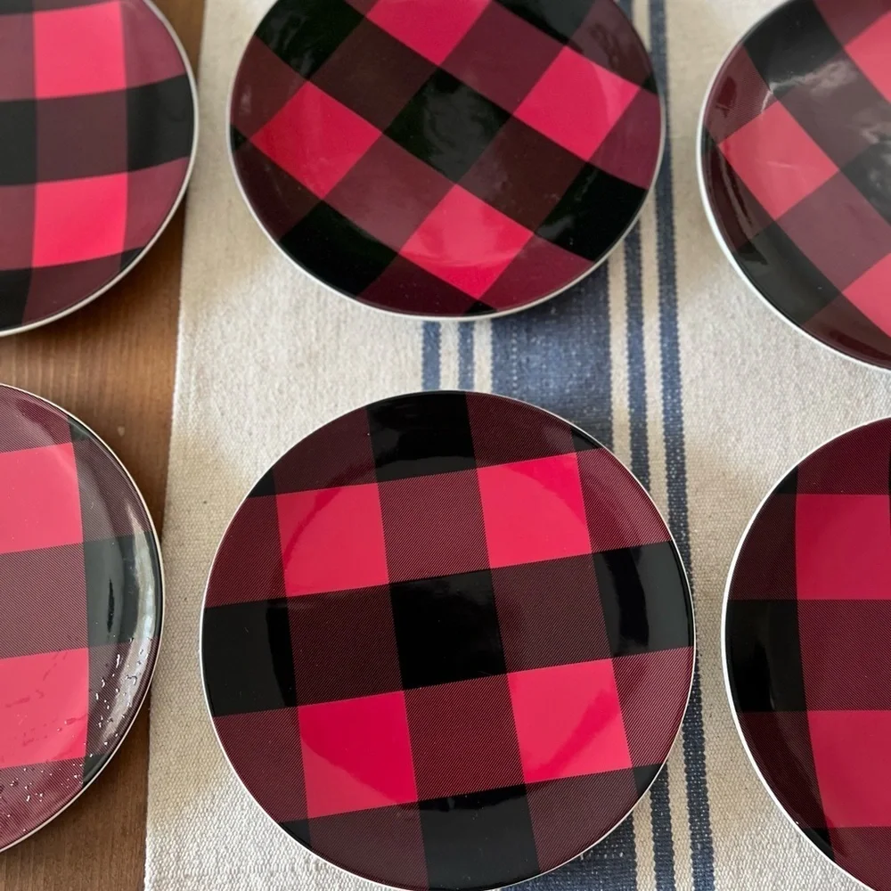 Set of 7 Pottery Barn Buffalo Plaid Check Red & Black Stoneware Salad Plates